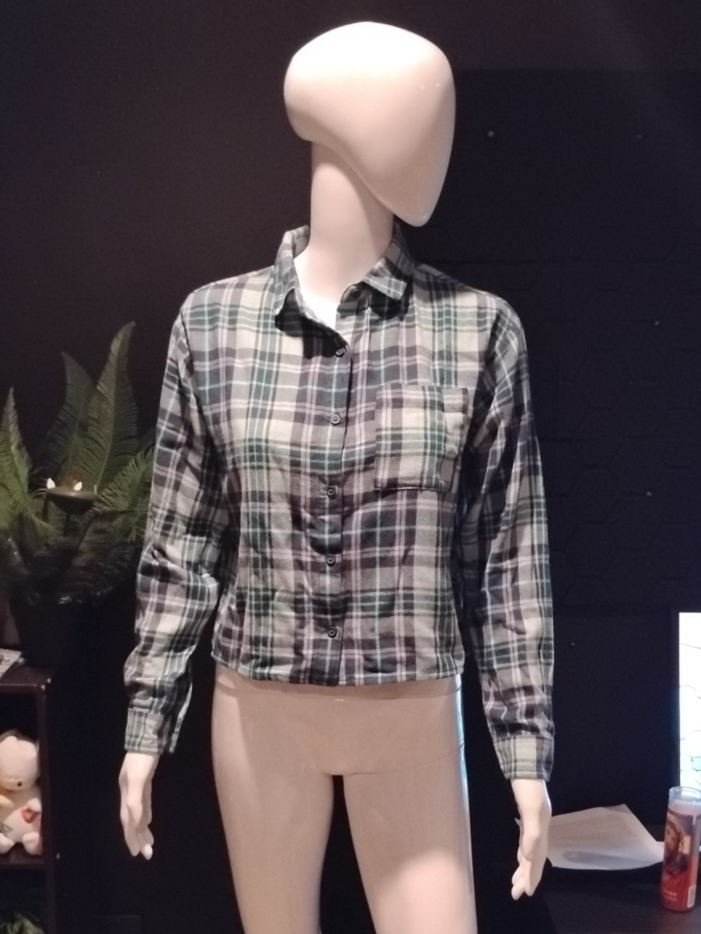 Plaid Long Sleeve Button-Up Shirt - Green/Gray